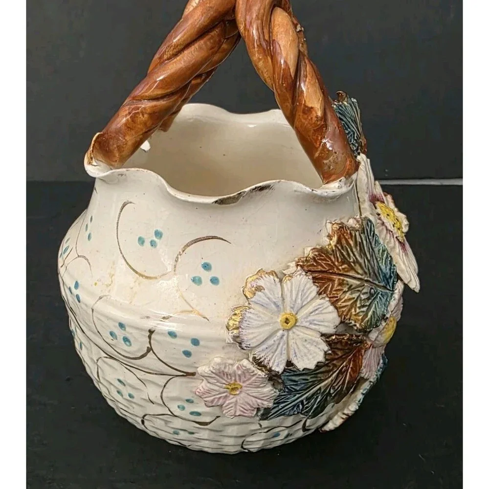 ​Vintage English Pottery Majolica Style Floral Basket Vase Twisted Handle